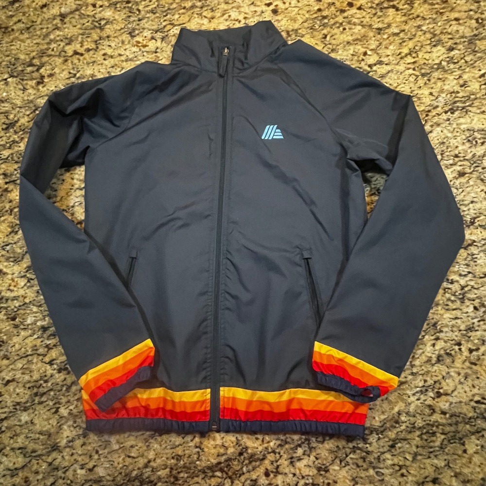 Aldi Gear Mens Windbreaker Jacket Navy Blue Retro Stripe Full Zip Ripstop Small